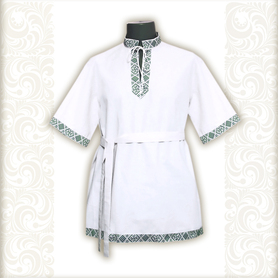 Рубаха Истоки, белый лен с зеленым